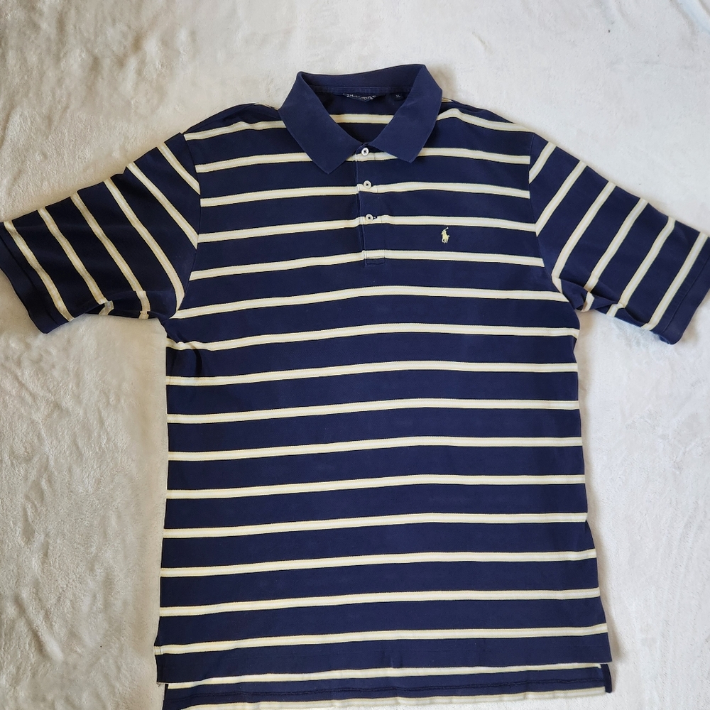 Vtg Polo Golf Ralph Lauren Mens XL Striped Navy Yellow‎ White Pima Cotton